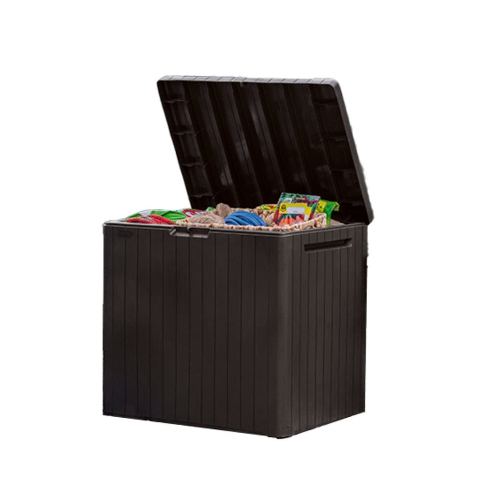Keter City 30-gallon outdoor storage box with wood-look resin for durable outdoor storage