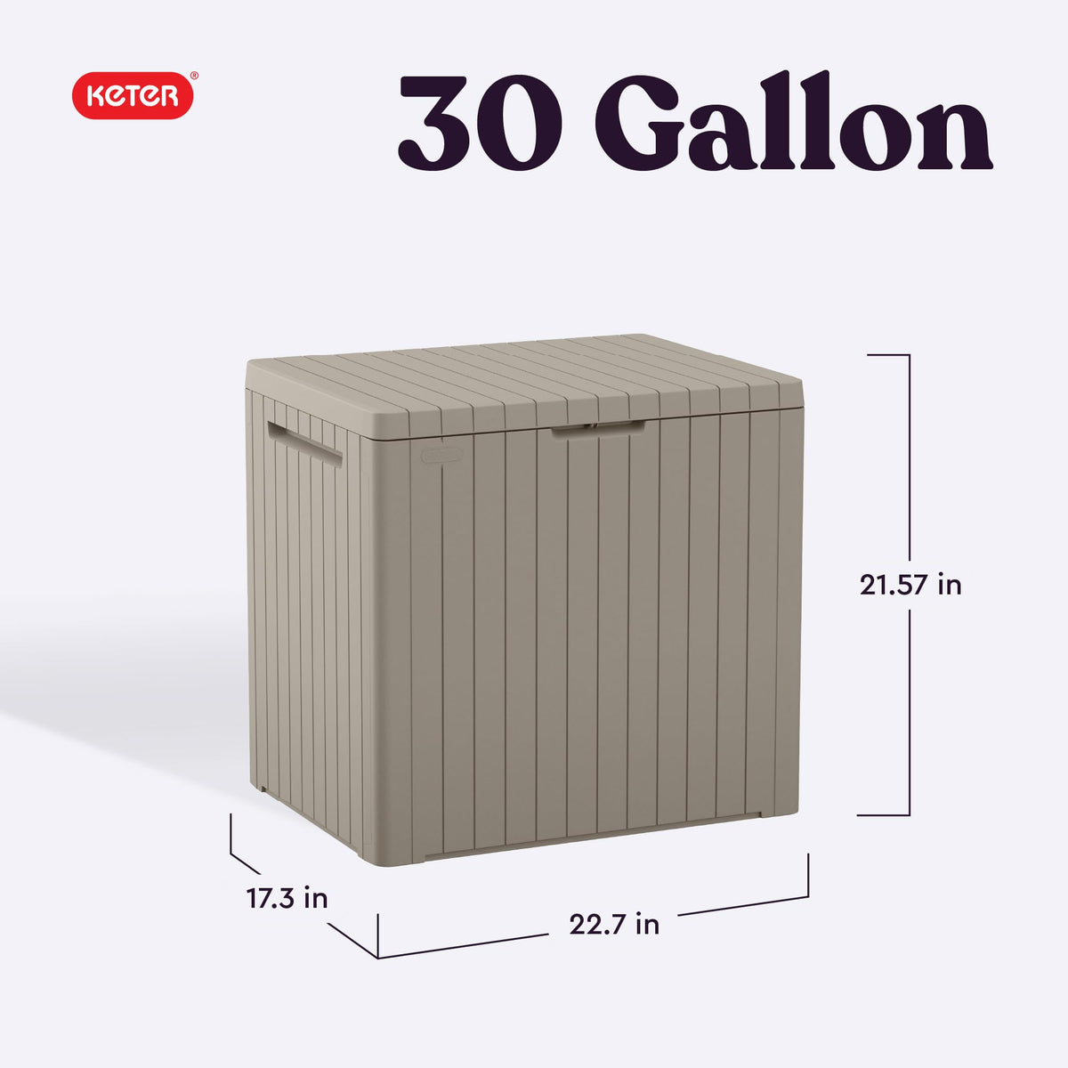 Keter City 30gallon box exterior dimensions highlight compact, space-saving storage.