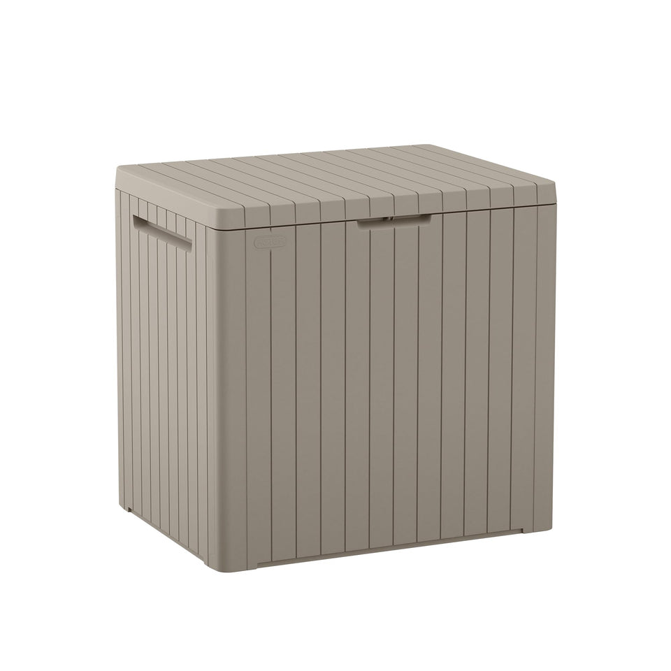 Keter City 30gallon box front view shows durable beige resin for outdoor storage and organization.