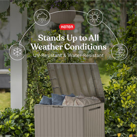 Keter City 30gallon box interior dimensions reveal generous capacity for cushions and tools.