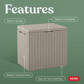 Keter City 30gallon box wood-look texture adds stylish, weather-ready appeal.