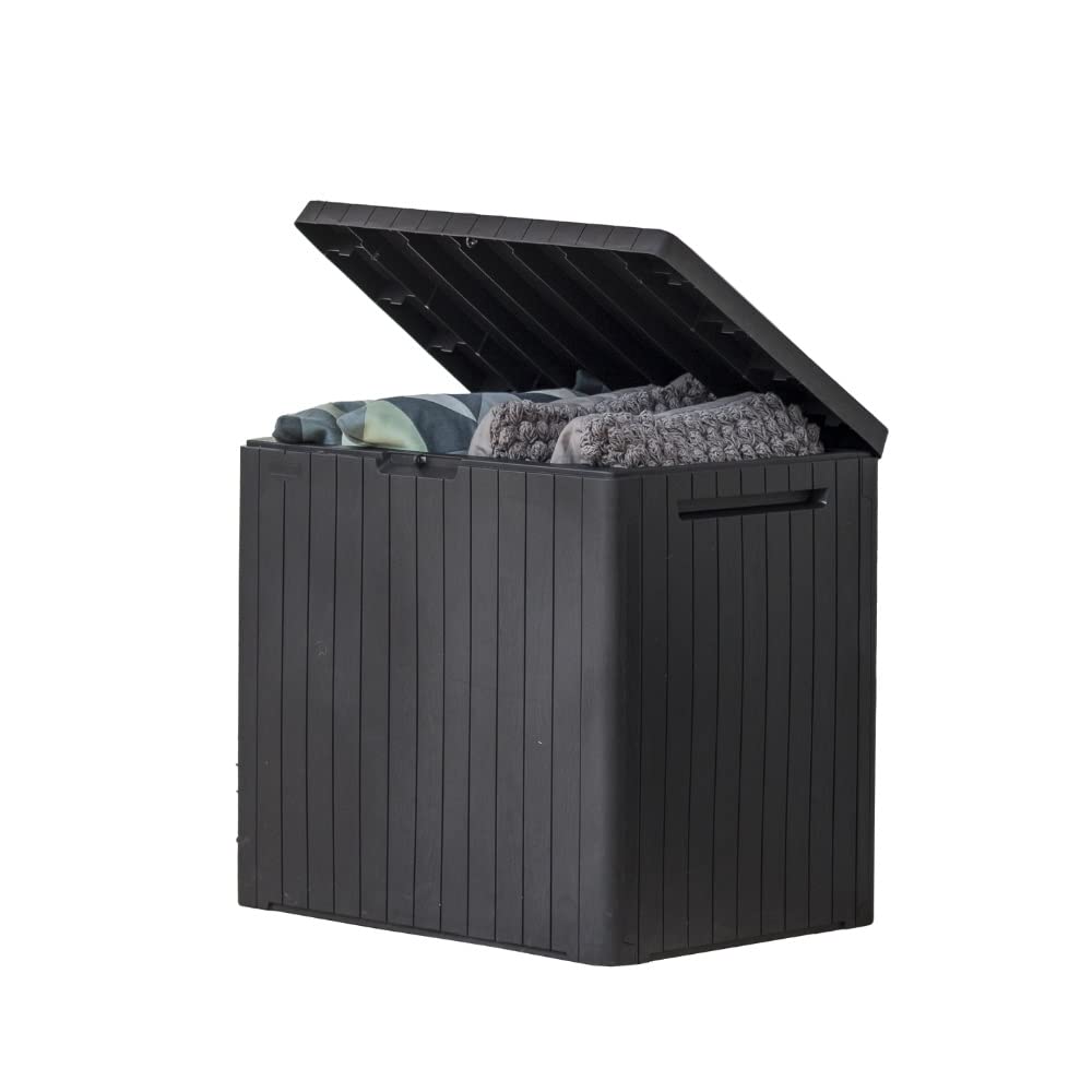 Keter City 30-Gallon resin outdoor storage box exterior in dark grey, suitable for patio organization.