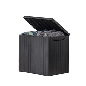 Keter City 30-Gallon resin outdoor storage box exterior in dark grey, suitable for patio organization.