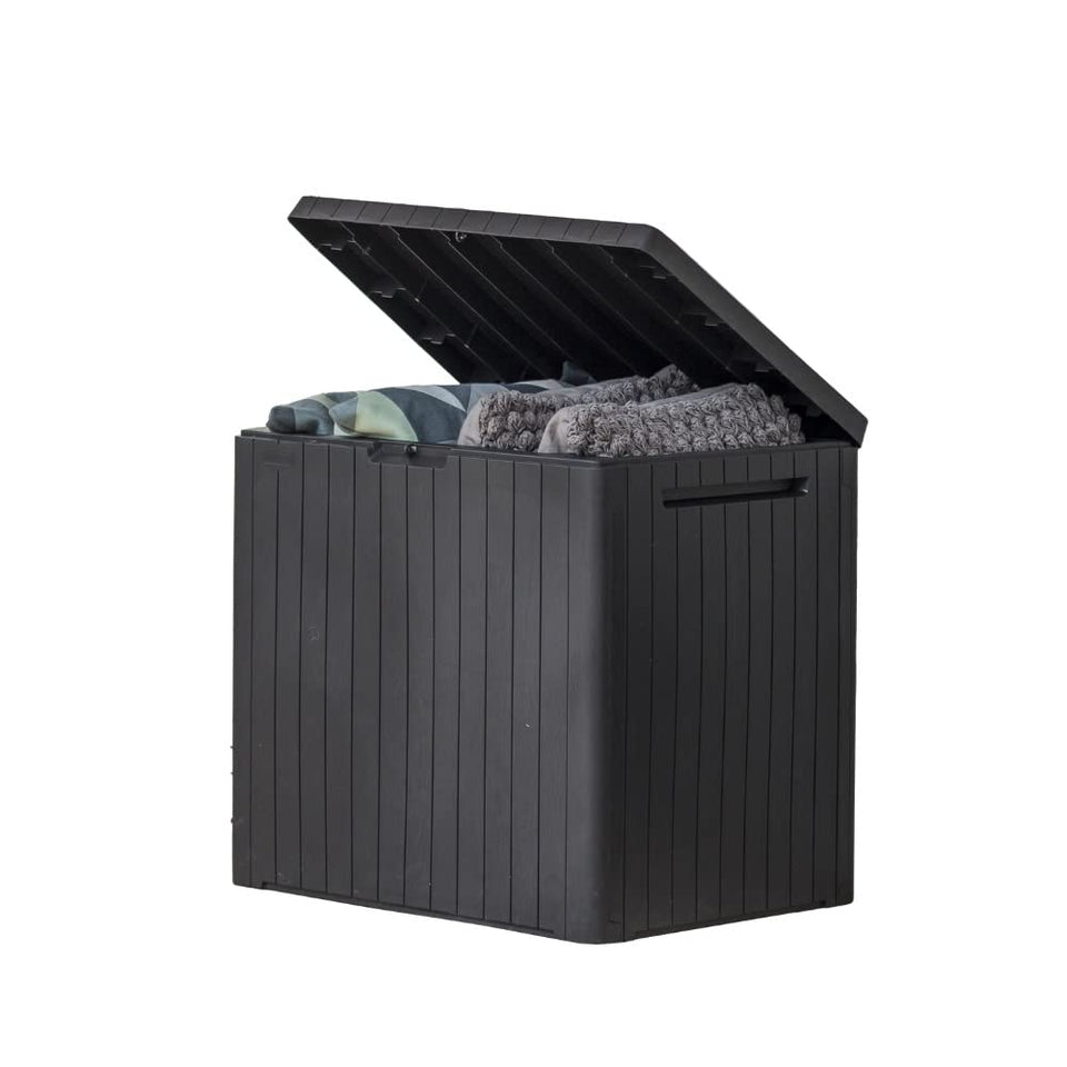 Keter City 30-Gallon resin outdoor storage box exterior in dark grey, suitable for patio organization.