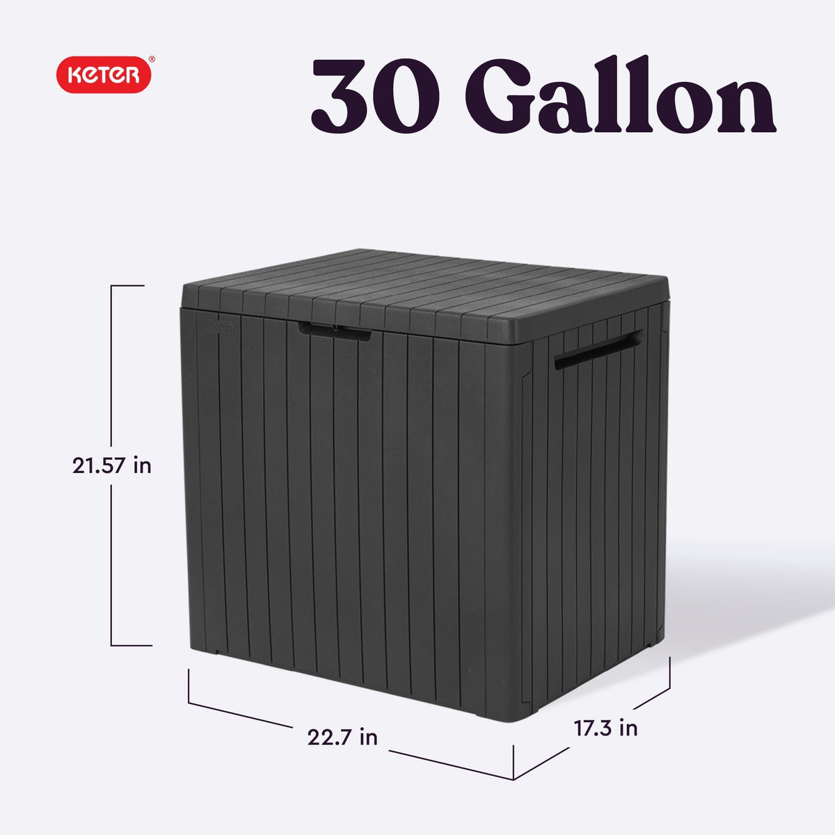 Keter City 30-Gallon storage box lid open, showcasing ample pool supplies storage.