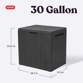 Keter City 30-Gallon storage box lid open, showcasing ample pool supplies storage.