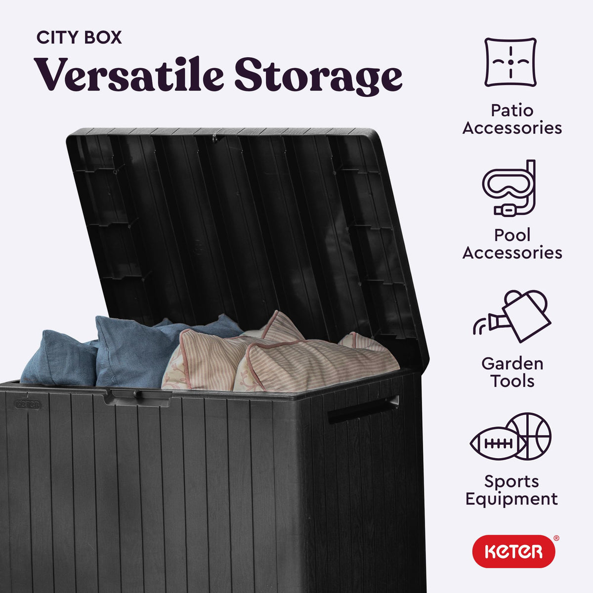 Keter City all-weather resin construction resists rust, dents, and peeling.
