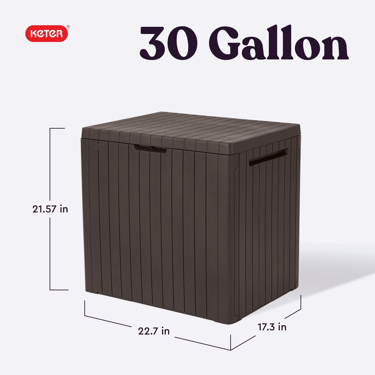 Keter City box lid open reveals 30-gallon interior for cushions, toys, and pool gear