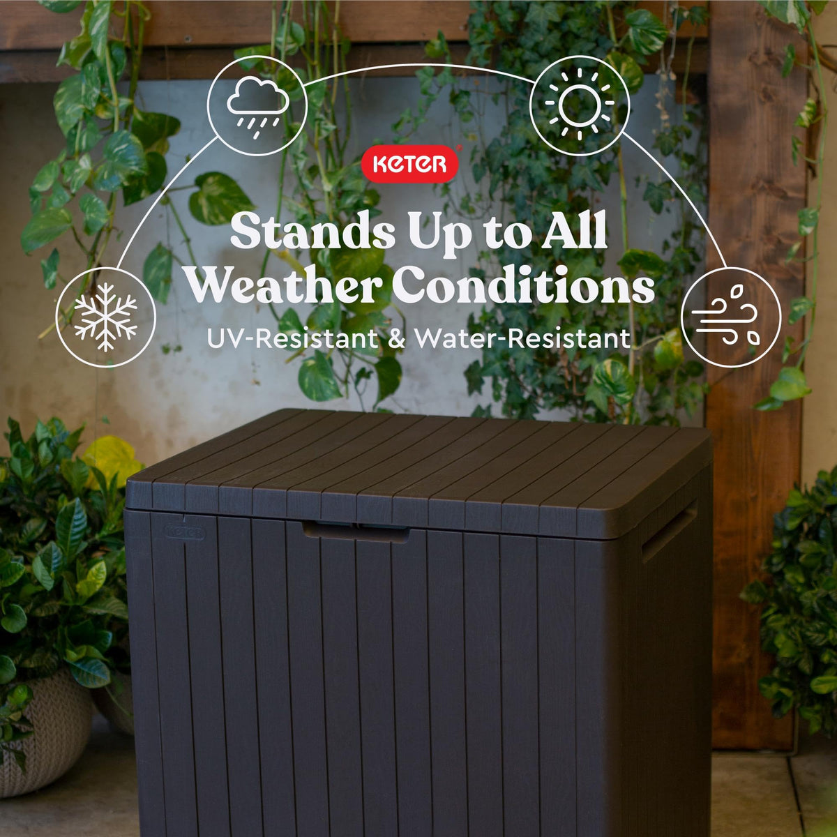 Keter City box poolside storage holds towels and toys, keeping deck tidy