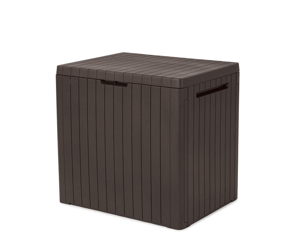 Keter City outdoor storage box with lid closed, keeping garden items dry and organized.