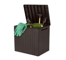 Keter City outdoor storage box used as a compact side table on a balcony.