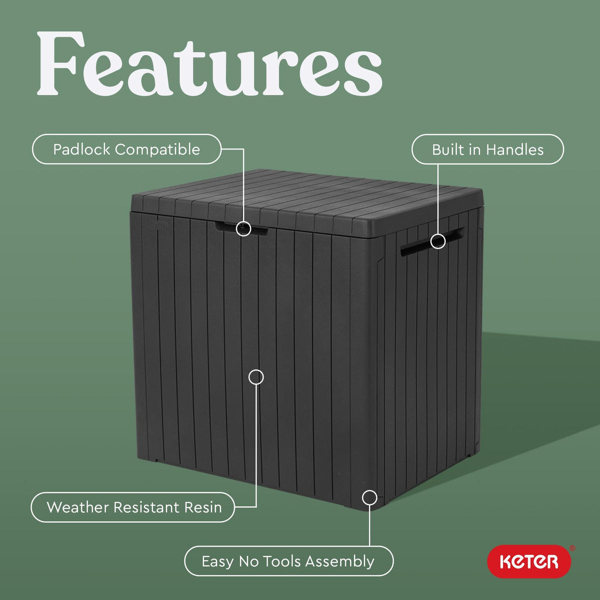 Keter City wood-look resin surface adds natural appeal to outdoor décor.