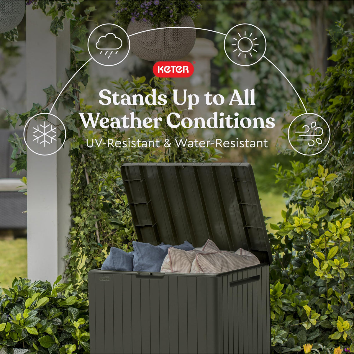 Keter City wood-texture lid detail highlighting durable outdoor solution