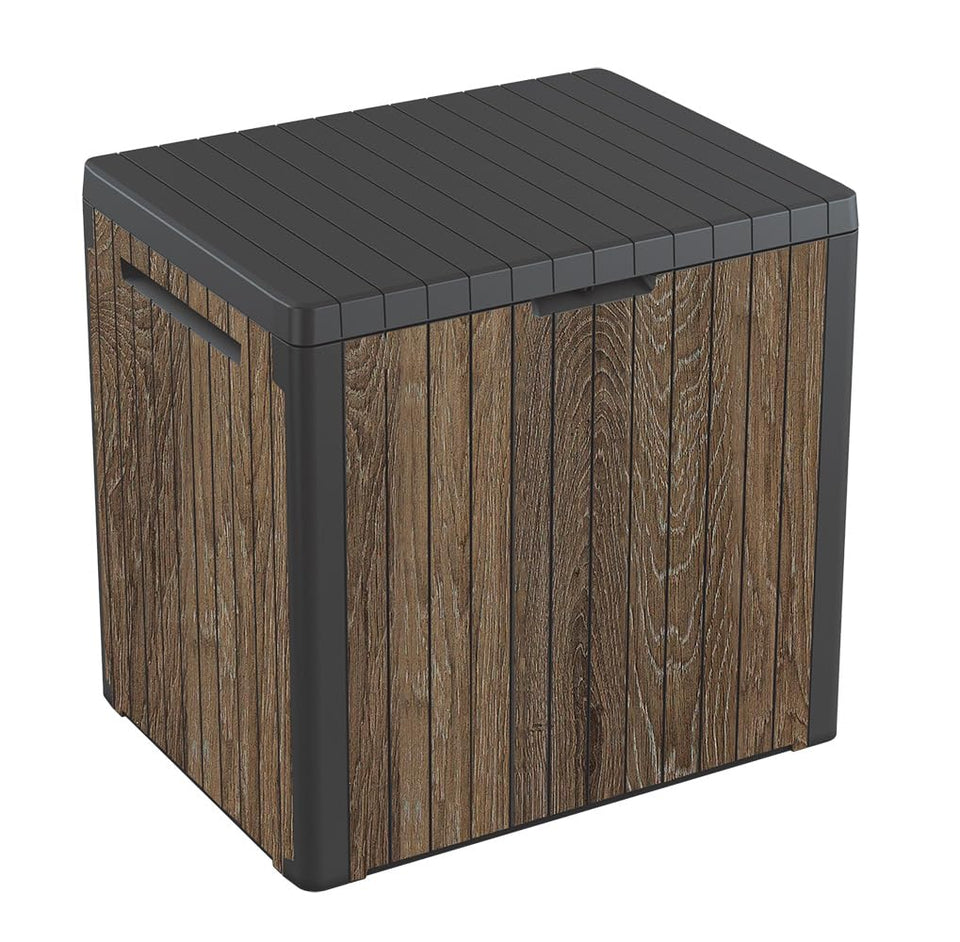 Keter Everwood 30-gallon storage box front view for compact outdoor organization