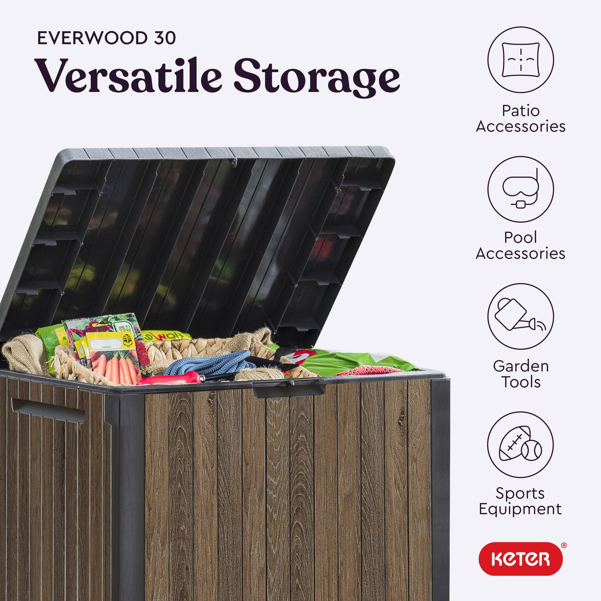 Keter Everwood cushions and pool gear storage keeps gear tidy