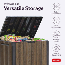Keter Everwood cushions and pool gear storage keeps gear tidy