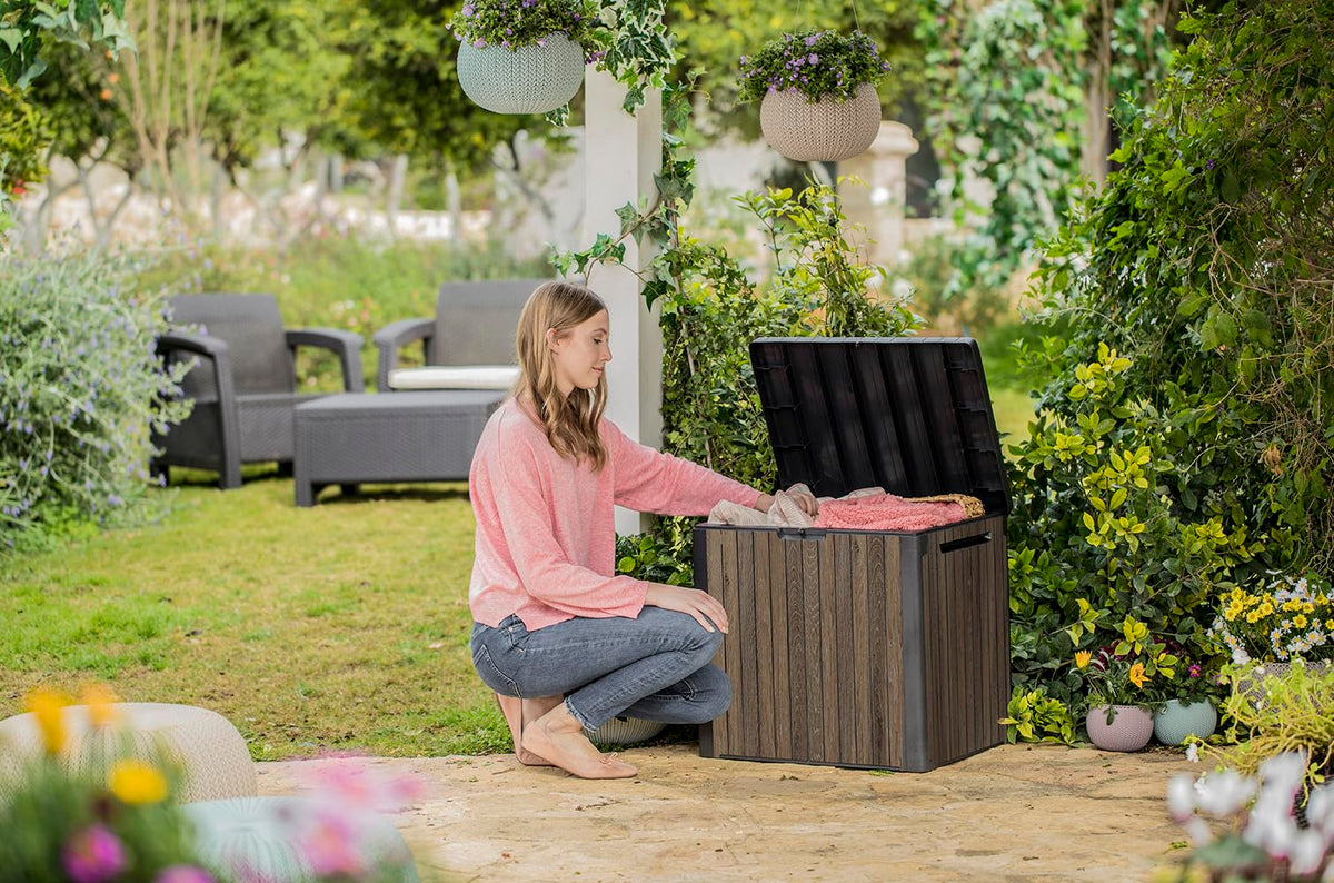 Keter Everwood lockable lid closeup highlights secure outdoor storage