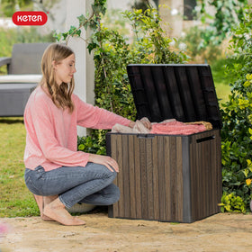 Keter Everwood outdoor storage on patio helps declutter spaces