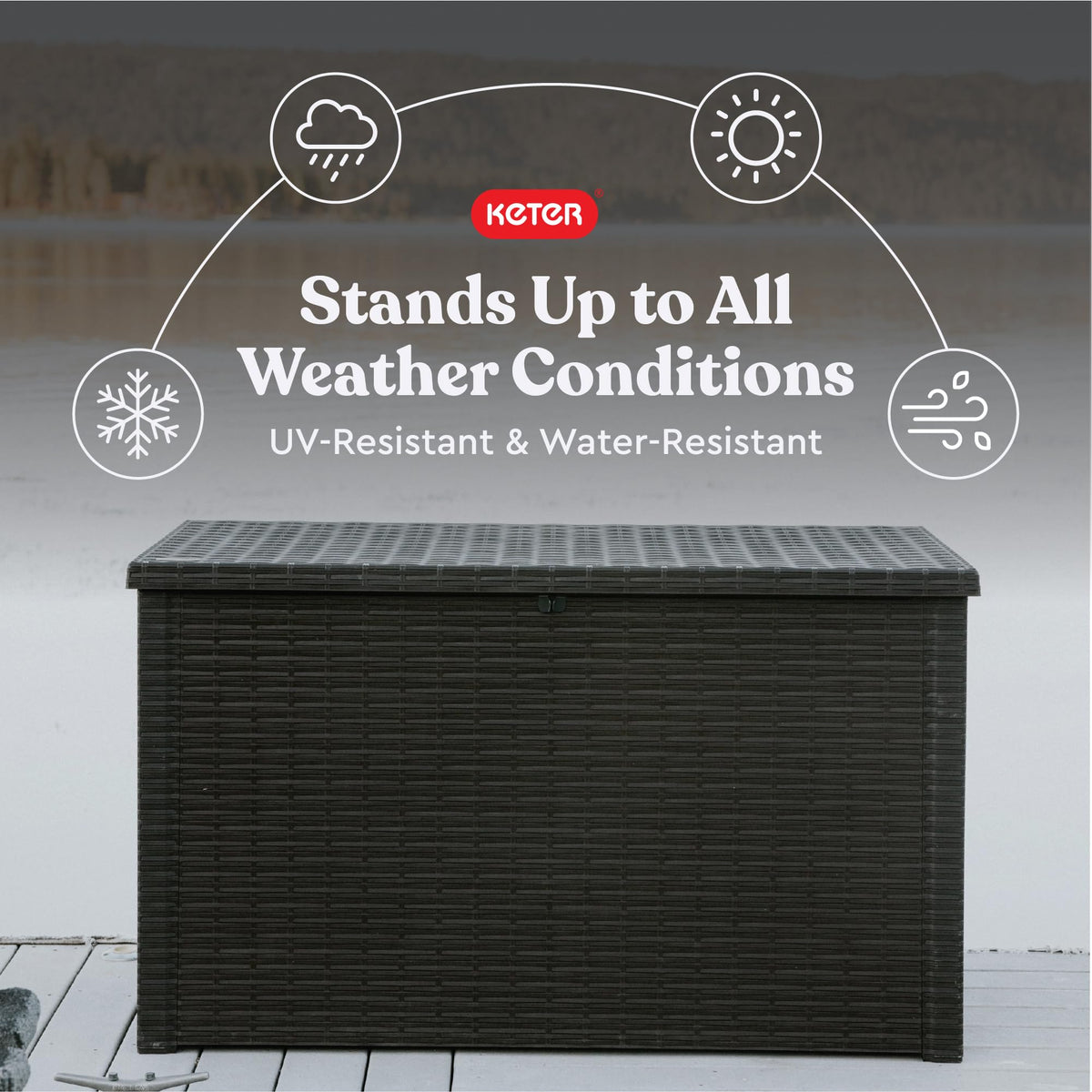 Keter Java XXL built in handles simplify moving the deck box on a patio.