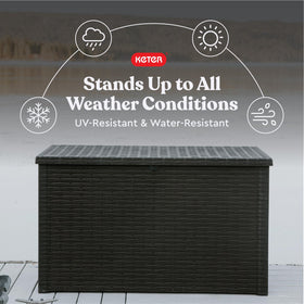 Keter Java XXL built in handles simplify moving the deck box on a patio.