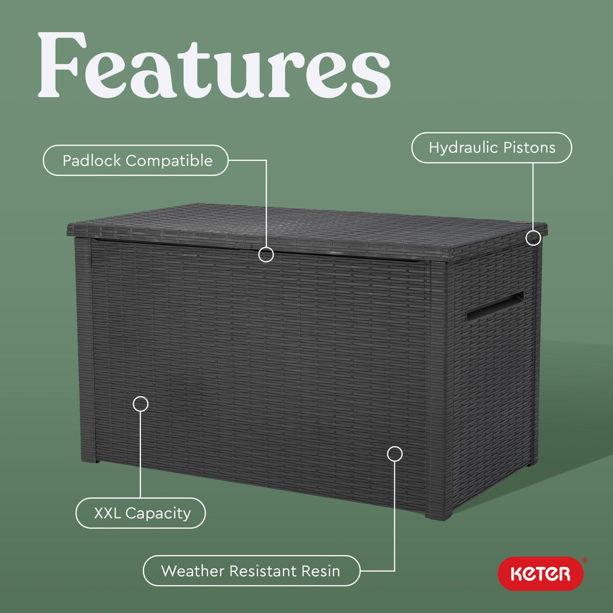 Keter Java XXL interior space enables organized storage of cushions, toys, and garden tools.