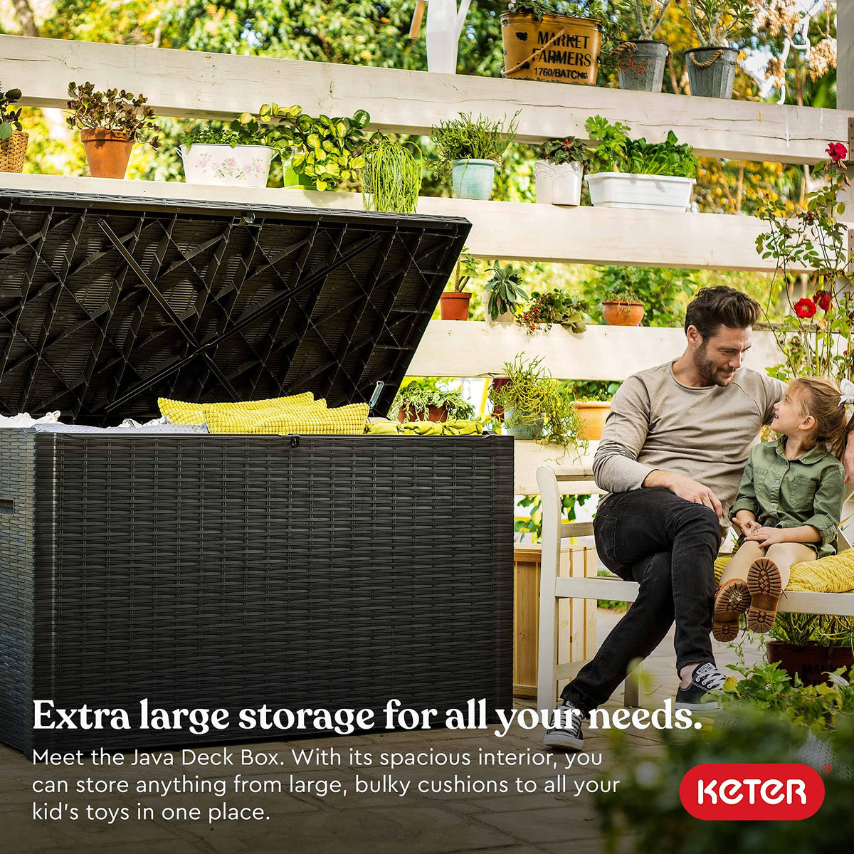 Keter Java XXL deck box open lid view for easy access to cushions and tools.