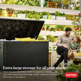Keter Java XXL deck box open lid view for easy access to cushions and tools.