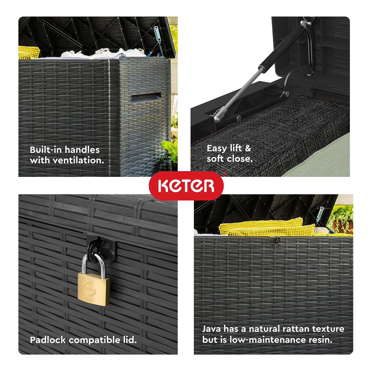Keter Java XXL weather resistant resin protects cushions and gear from sun and rain.