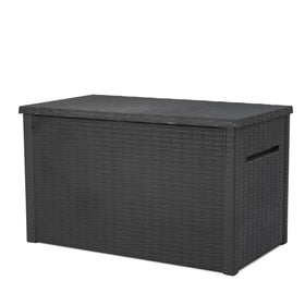 Keter Java XXL deck box with wicker texture provides durable outdoor storage up to 230 gallons.
