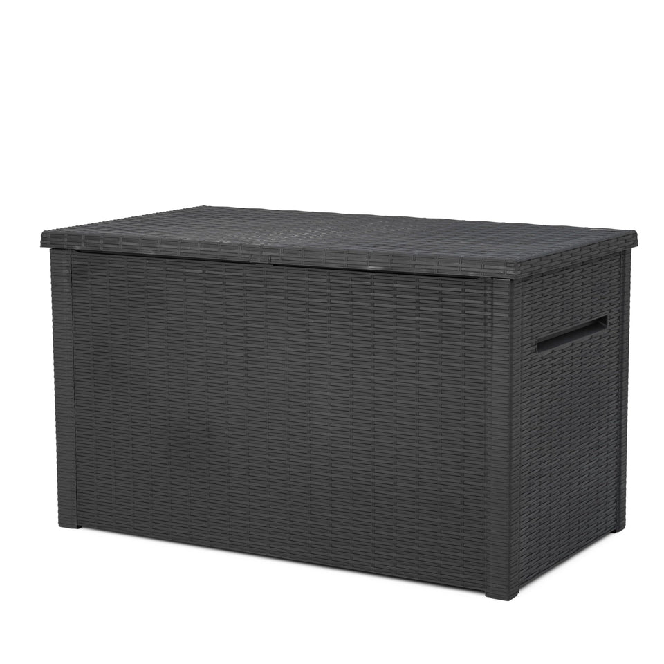 Keter Java XXL deck box with wicker texture provides durable outdoor storage up to 230 gallons.