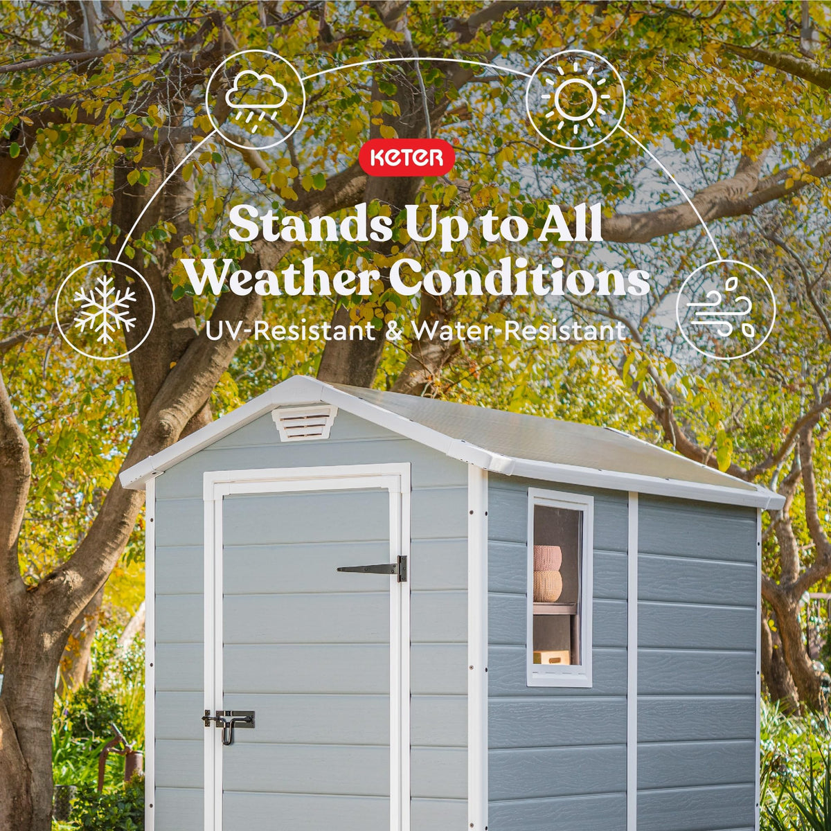 Keter Manor 4x6 shed resin construction resists peeling, rot, and rust.