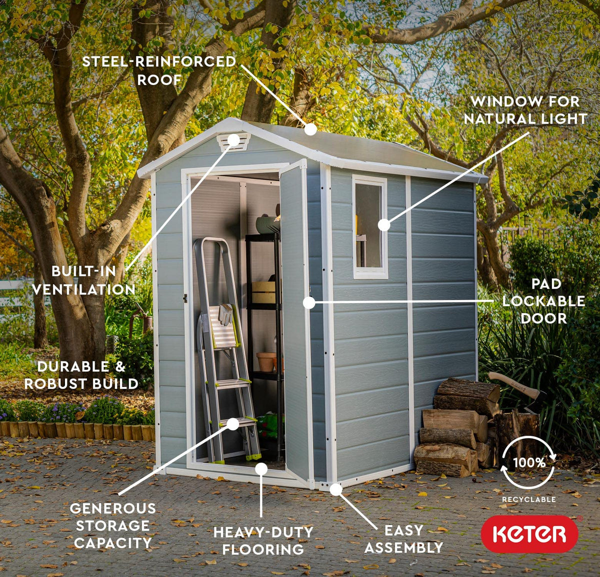 Keter Manor 4x6 shed wood-like texture complements any outdoor style.