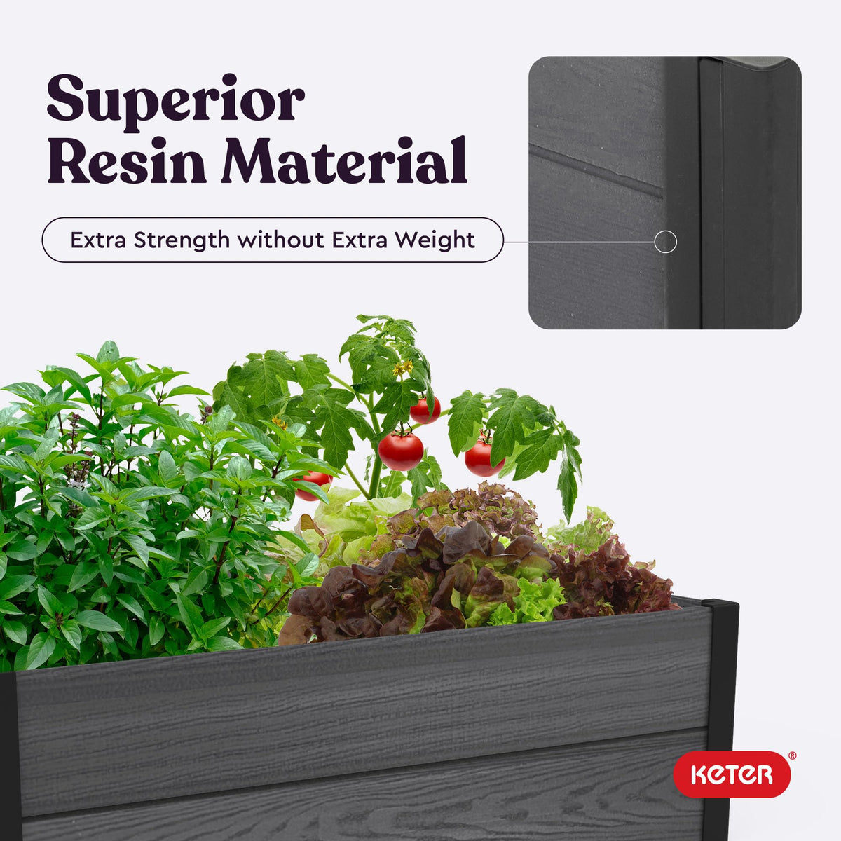 Grey finish of Keter Maple raised garden bed blends with outdoor décor