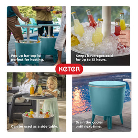 Keter Modern Cool Bar hot tub table setup keeps drinks and snacks handy.