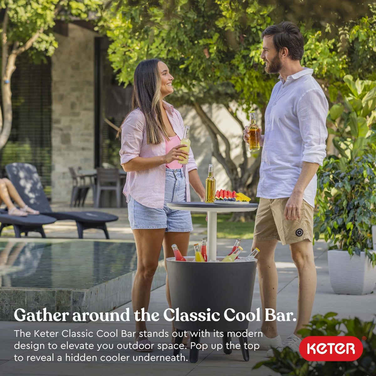 Keter Modern Cool Bar lid extended shows a hidden cooler for refreshing beverages.