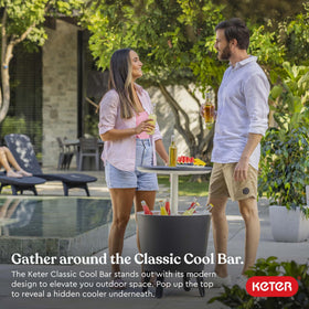 Keter Modern Cool Bar lid extended shows a hidden cooler for refreshing beverages.