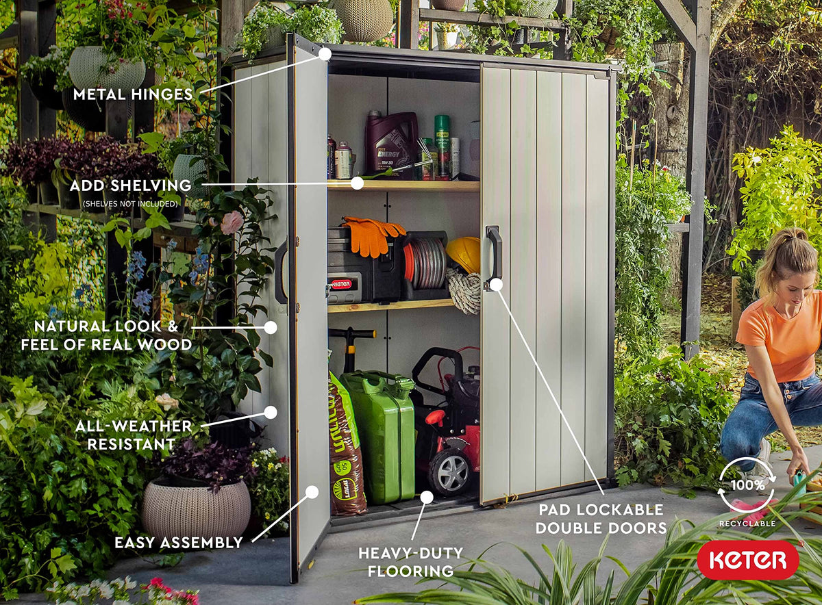 Keter Premier Tall Shed 62 cu ft capacity keeping clutter out of sight and reach