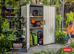 Keter Premier Tall Shed 62 cu ft capacity keeping clutter out of sight and reach