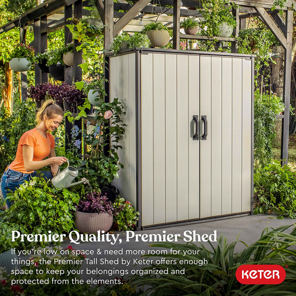 Keter Premier Tall Shed door open illustrates easy access to organized outdoor gear