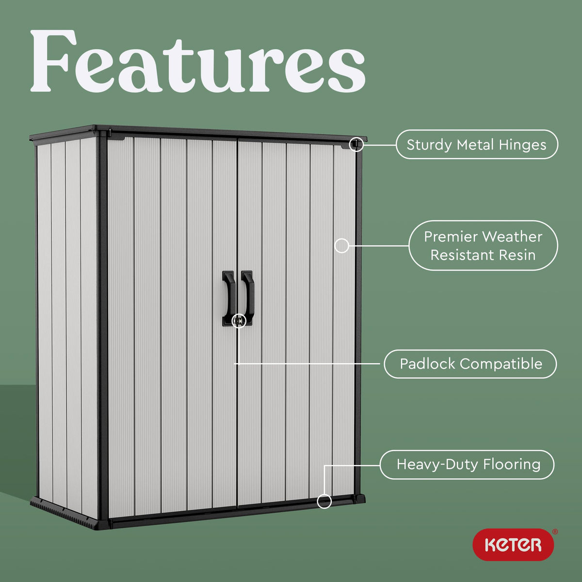 Keter Premier Tall Shed interior brackets show adjustable shelving options for tools