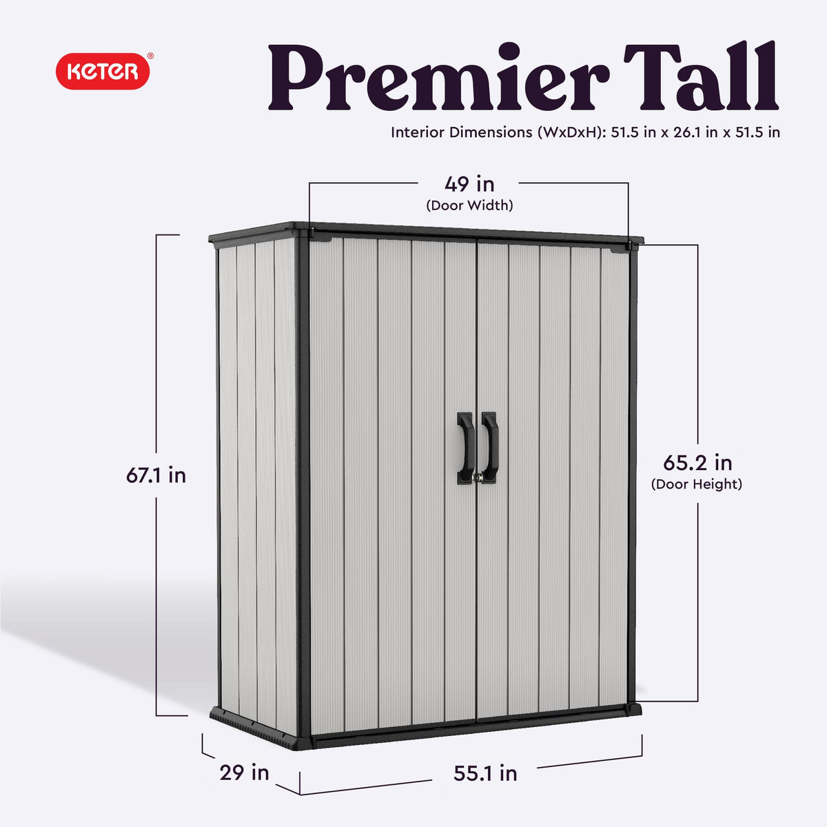 Keter Premier Tall Shed side view highlighting vertical storage for tools and bikes