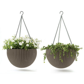 The Keter resin rattan round hanging planter cappuccino adds indoor outdoor appeal.