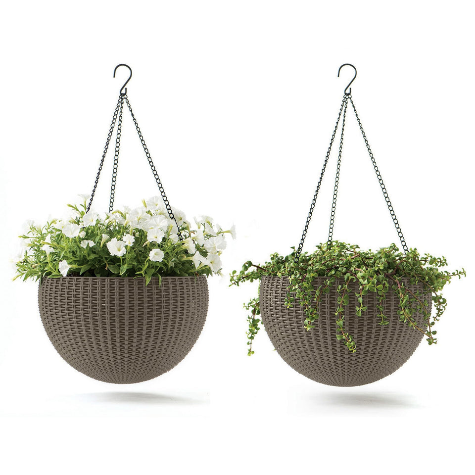 The Keter resin rattan round hanging planter cappuccino adds indoor outdoor appeal.