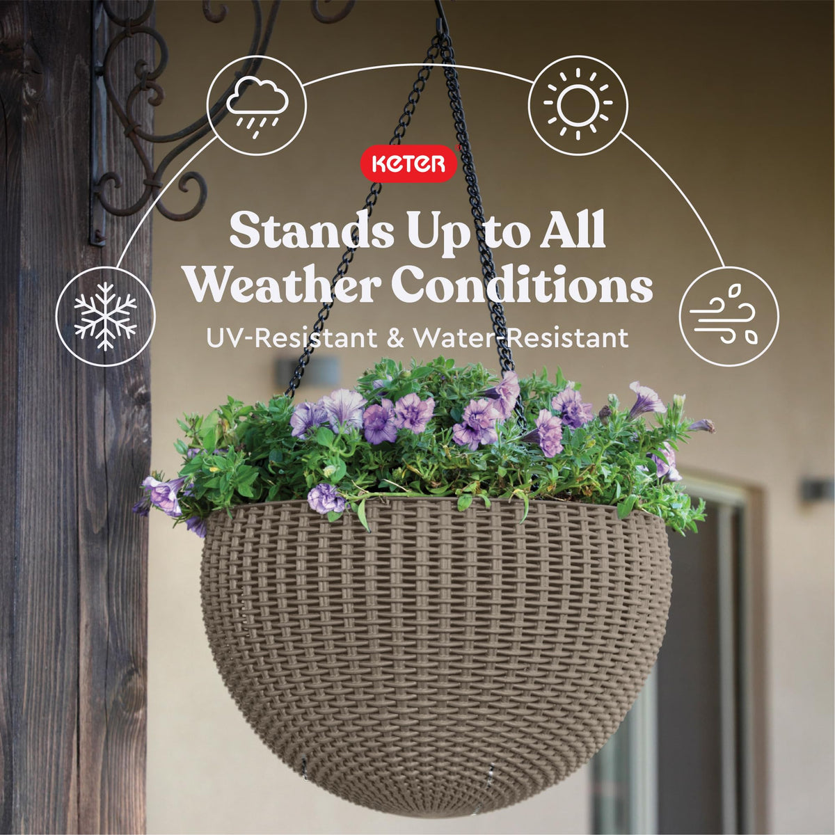 The Keter sealed inner bowl supports indoor and outdoor plant care.