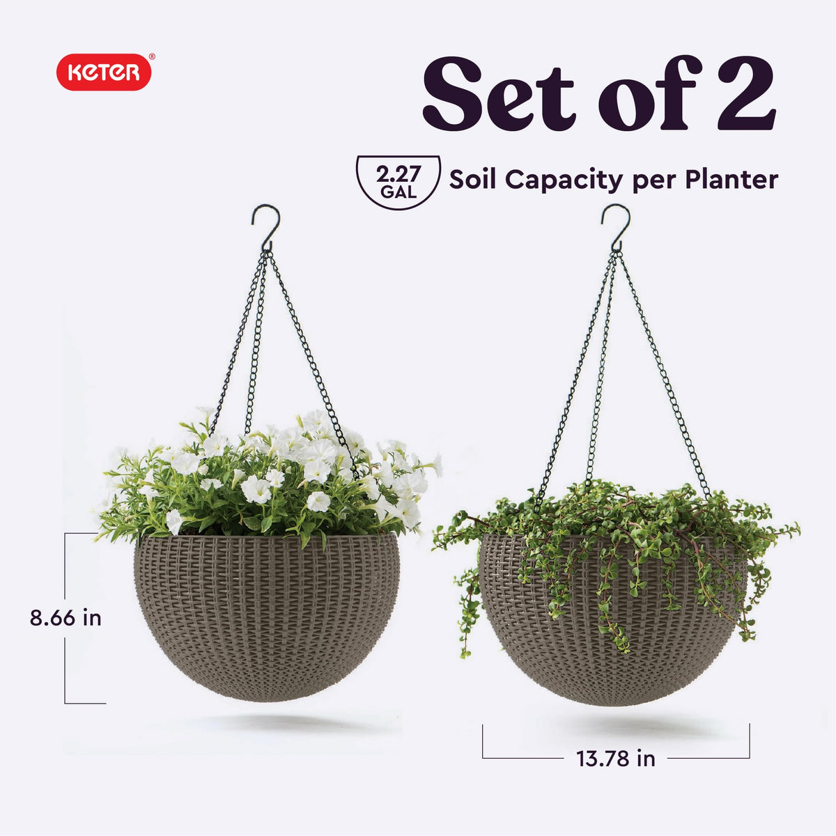 The Keter cappuccino hanging planter with drainage plug suits porch use.
