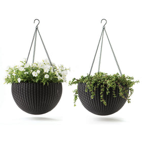 Keter resin rattan round hanging planter set 2 for stylish indoor or outdoor decor.