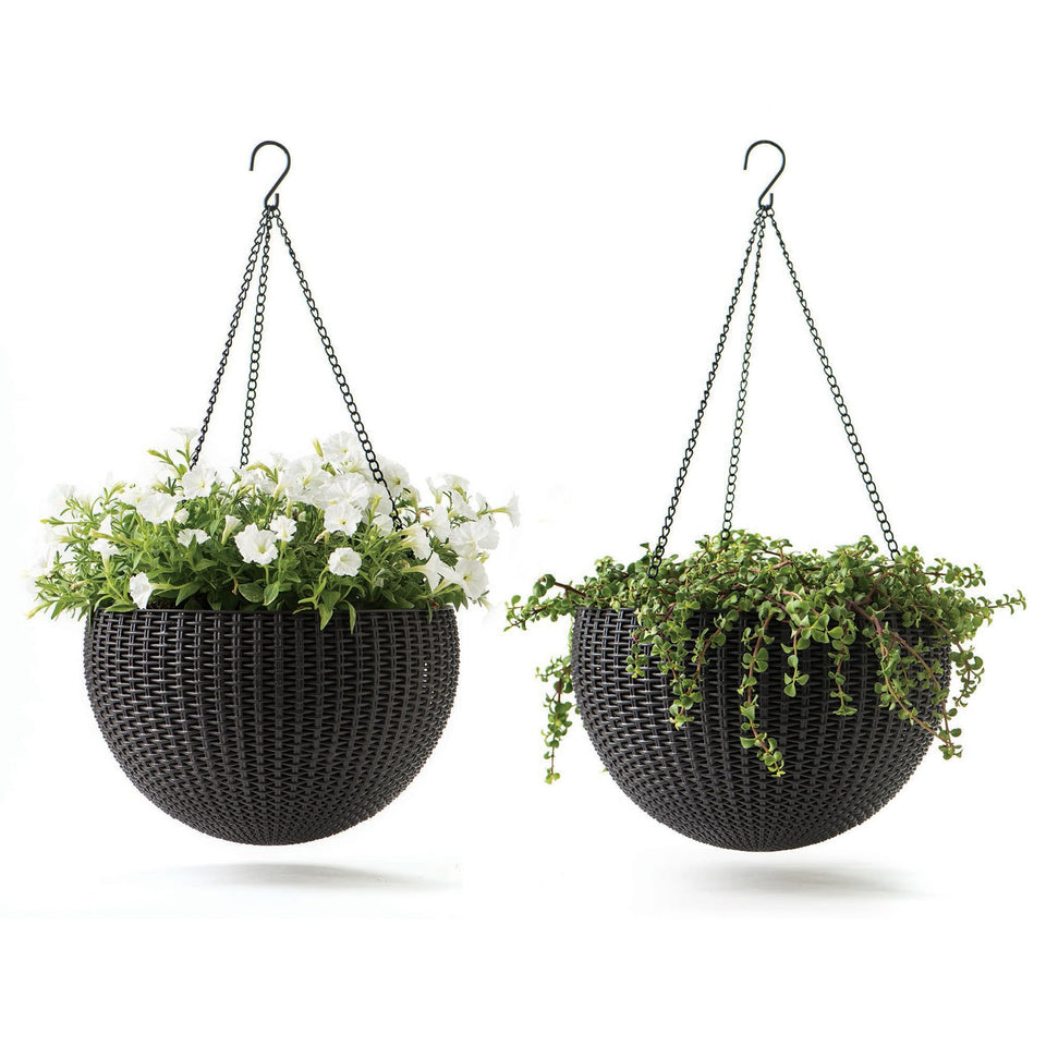 Keter resin rattan round hanging planter set 2 for stylish indoor or outdoor decor.