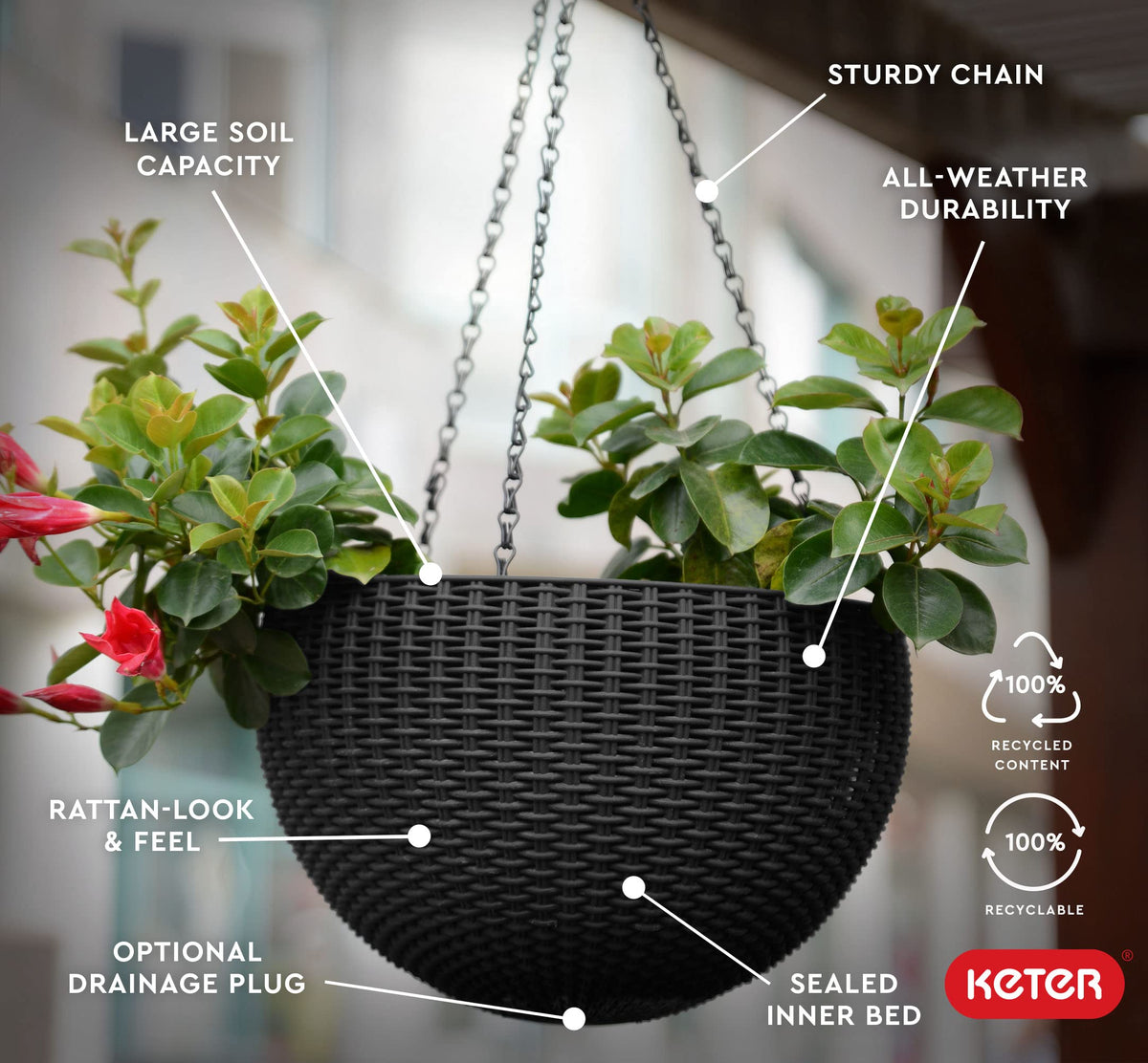 Sturdy iron chain hanger and hook withstand elements for secure suspension.
