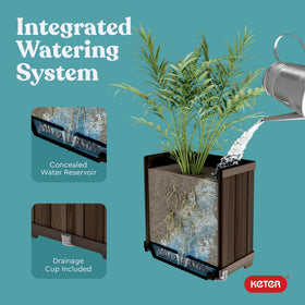 Keter Signature drainage cup demonstrates managing excess water.