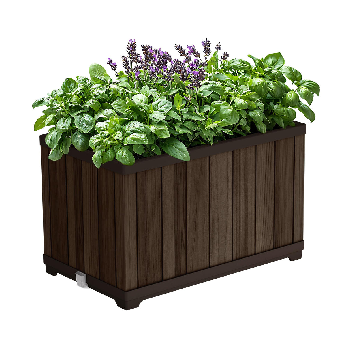 Keter Signature rectangle planter front view with a weather-ready wood-look finish for outdoor spaces.